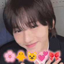 a close up of a person 's face with a cat a chick and a flower in the background
