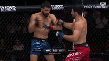 two men are fighting in a ufc ring and the ufc scoreboard shows the score as 2:22