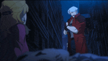 a man in a red coat is holding a large axe in front of a woman
