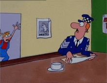 a cartoon of a police officer with a wanted poster on the wall behind him