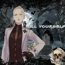 a man in a suit stands in front of a cemetery and the words kill yourself