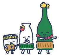 a drawing of a bottle playing a ukulele and a bottle dancing