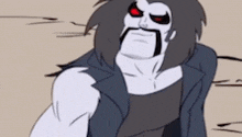 a cartoon character with a mustache and red eyes is standing on a sandy beach .