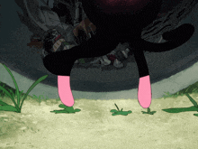 a cartoon drawing of a black cat with pink legs