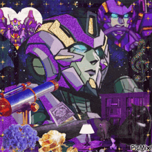 a picture of a room with a purple robot and a telescope with the words picmix on the bottom
