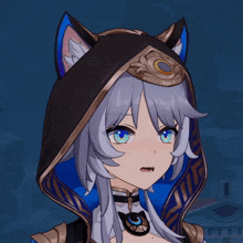 a close up of a girl wearing a cat ear hood