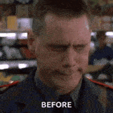 a man in a suit and tie is making a funny face with his eyes closed and the words before written on the bottom .
