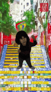 a painting of a person standing on a set of stairs with a red sign that says fujit zenji