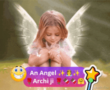 a picture of a little girl with angel wings and the words an angel archi ji on the bottom