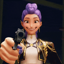 a cartoon girl with purple hair is pointing a gun at the camera