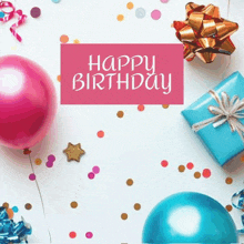 a happy birthday card with balloons and presents