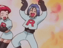 a couple of cartoon characters are dancing together .
