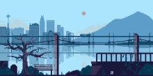 a pixel art of a bridge over a body of water with mountains in the background