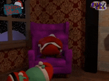 a cartoon of santa claus sitting in a purple chair with a sign that says cole 's santa