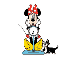 minnie mouse is wearing a red dress with white polka dots and a red bow .