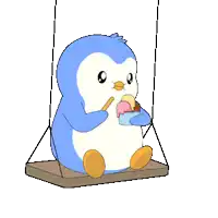 a penguin sitting on a swing eating ice cream