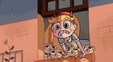 star vs the forces of evil star standing on a balcony with a bunch of puppies