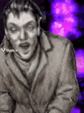 a black and white photo of a man with a purple background and the words viggle.ai on the bottom right