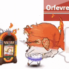 a drawing of a cat playing a guitar next to a jukebox that says orfevre on it