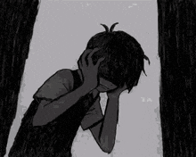 a black and white drawing of a person holding their head with their hands .