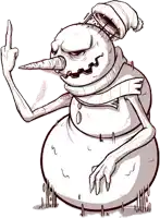 a black and white drawing of a snowman wearing a santa hat and scarf giving the middle finger