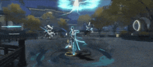 a person is standing in a circle in a video game with a lightning bolt coming out of their hands .