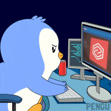 a cartoon of a penguin sitting in front of a computer screen with the word pengu on the bottom