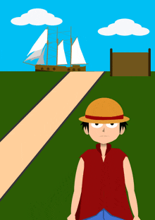 a man wearing a straw hat stands in front of a sailboat