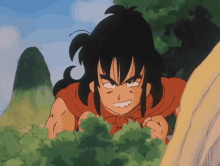 a cartoon character with black hair and a red cape is looking out from behind a bush