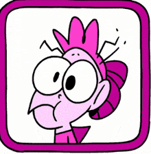 a cartoon character with big eyes and a pink crown