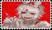 a nurse is holding a syringe in her hand on a red background .