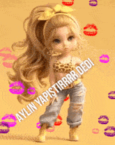 a doll is surrounded by purple and red kisses and the words aylin yapistirrr dedi