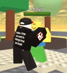 a roblox character is standing next to another roblox character in a game .