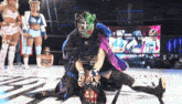 a woman in a mask is wrestling another woman in a purple outfit