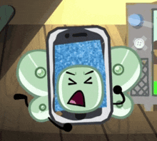 a cartoon drawing of a cell phone with wings and a face