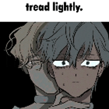 a couple of anime characters are standing next to each other and one of them has a collar around his neck .