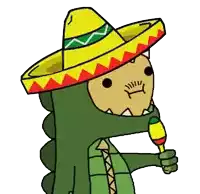 a cartoon drawing of a dinosaur wearing a sombrero and holding a maraca