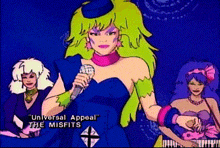 a cartoon of a woman holding a microphone with the words universal appeal the misfits below her