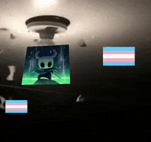 a picture of a hollow knight with horns and a sword is surrounded by transgender flags