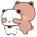 a cartoon panda and a brown bear are hugging each other on a white background .