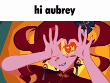 a cartoon girl making a heart with her hands and the words hi aubrey below her