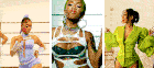 a collage of three photos of a woman in different outfits