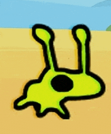 a cartoon drawing of a green alien with black eyes