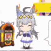 a cartoon character is standing next to a jukebox and a speech bubble .