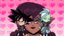 a cartoon drawing of a girl and two cartoon characters with pink hearts in the background