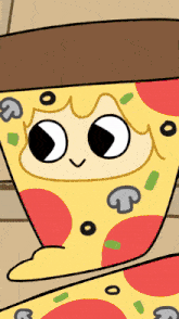 a cartoon drawing of a slice of pizza with mushrooms and olives on it