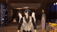 a man with a halo on his head is standing in front of a penguin