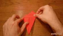 a person making an origami heart with the words made in animotica below