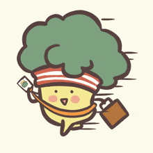 a cartoon drawing of a broccoli carrying a briefcase and a cell phone