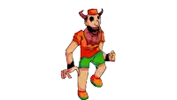 a cartoon character with horns and a beard is wearing shorts and a hat .